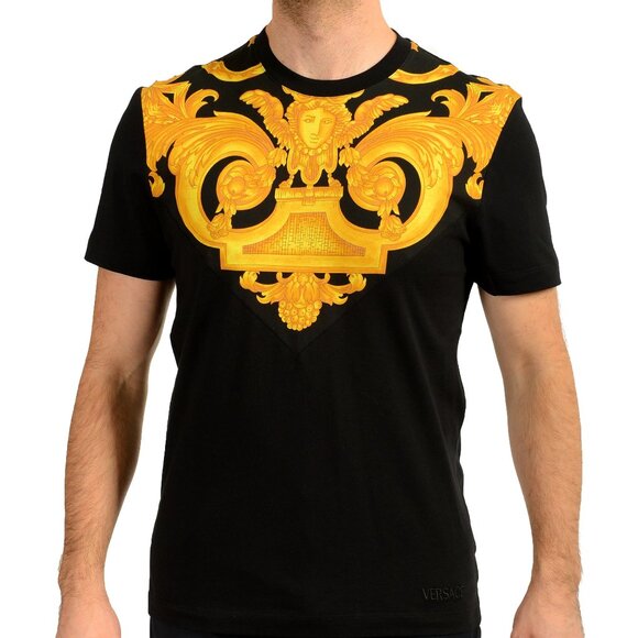 Versace Men's Black Barocco Logo Print Short Sleeve T-Shirt US M IT 50 - Picture 1 of 6